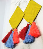 Mustard Yellow Diamond Shaped Real Leather Earrings with String Tassels