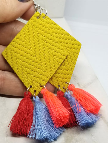 Mustard Yellow Diamond Shaped Real Leather Earrings with String Tassels