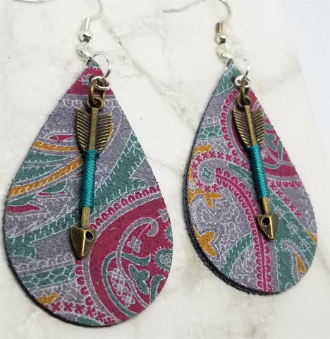 Paisley Real Leather Tear Drop Earrings with Arrow Dangles