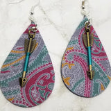 Paisley Real Leather Tear Drop Earrings with Arrow Dangles