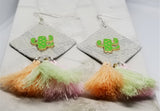 White and Silver Diamond Shaped Real Leather Earrings with String Tassels and a Metal Cactus Embellishment