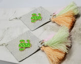 White and Silver Diamond Shaped Real Leather Earrings with String Tassels and a Metal Cactus Embellishment
