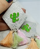White and Silver Diamond Shaped Real Leather Earrings with String Tassels and a Metal Cactus Embellishment