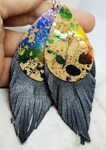 Splatter Painted Cork Teardrops with Real Leather Fringe Earrings