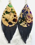 Splatter Painted Cork Teardrops with Real Leather Fringe Earrings
