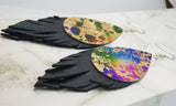 Splatter Painted Cork Teardrops with Real Leather Fringe Earrings