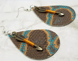 Brown and Turquoise Snakeskin Teardrop Shaped Real Leather Earrings with Arrow Charms
