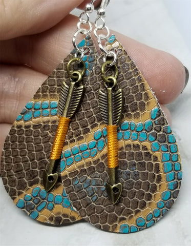 Brown and Turquoise Snakeskin Teardrop Shaped Real Leather Earrings with Arrow Charms