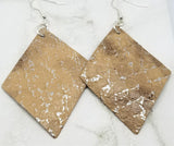 Tan Leather Diamond Shaped Real Leather Earrings with Silver Distressed Shimmer