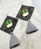 Snakeskin Patterned Diamond Shaped Real Leather Earrings with String Tassels and a Metal Cactus Embellishment