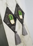 Snakeskin Patterned Diamond Shaped Real Leather Earrings with String Tassels and a Metal Cactus Embellishment
