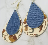 Cowboy Themed Faux Leather Earrings with a Denim Finish Tear Drop Shaped Real Leather Overlay
