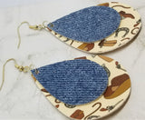 Cowboy Themed Faux Leather Earrings with a Denim Finish Tear Drop Shaped Real Leather Overlay