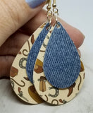 Cowboy Themed Faux Leather Earrings with a Denim Finish Tear Drop Shaped Real Leather Overlay