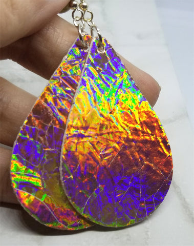 Gold Holographic Real Leather Teardrop Shaped Earrings