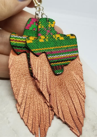 Embroidered Texas Patches with Copper Colored Fringed Real Leather Earrings