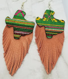 Embroidered Texas Patches with Copper Colored Fringed Real Leather Earrings