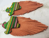 Embroidered Texas Patches with Copper Colored Fringed Real Leather Earrings
