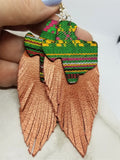 Embroidered Texas Patches with Copper Colored Fringed Real Leather Earrings