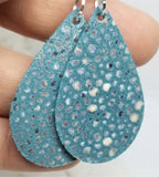 Shimmering Blue and Gray Small Tear Drop Shaped Real Leather Earrings