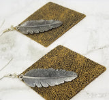 Diamond Shaped Leather Earrings with Silver Feather Charm Overlay