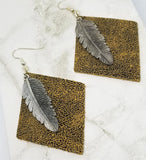 Diamond Shaped Leather Earrings with Silver Feather Charm Overlay