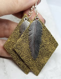 Diamond Shaped Leather Earrings with Silver Feather Charm Overlay