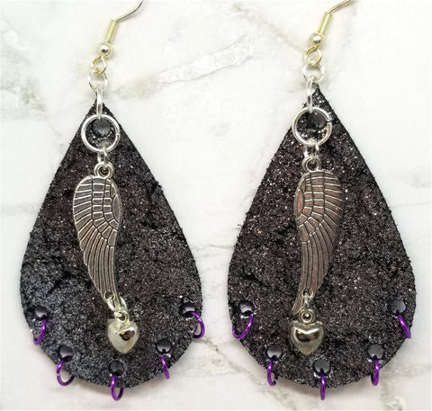 Silver Finish Tear Drop Shaped Real Leather Earrings with Wing and Heart Charms and Purple Ring "Piercings"