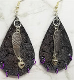 Silver Finish Tear Drop Shaped Real Leather Earrings with Wing and Heart Charms and Purple Ring "Piercings"