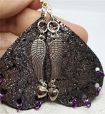 Silver Finish Tear Drop Shaped Real Leather Earrings with Wing and Heart Charms and Purple Ring "Piercings"