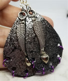 Silver Finish Tear Drop Shaped Real Leather Earrings with Wing and Heart Charms and Purple Ring "Piercings"