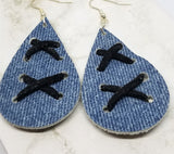 Denim with Suede Lace Up Tear Drop Shaped Real Leather Earrings