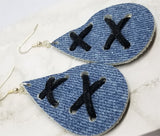 Denim with Suede Lace Up Tear Drop Shaped Real Leather Earrings
