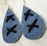 Denim with Suede Lace Up Tear Drop Shaped Real Leather Earrings