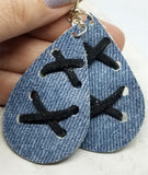 Denim with Suede Lace Up Tear Drop Shaped Real Leather Earrings