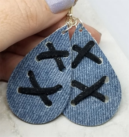 Denim with Suede Lace Up Tear Drop Shaped Real Leather Earrings