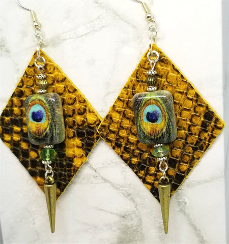 Diamond Shaped Scale Patterned Leather Earrings with Spike and Peacock Bead Overlay