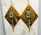 Diamond Shaped Scale Patterned Leather Earrings with Spike and Peacock Bead Overlay