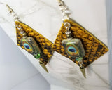 Diamond Shaped Scale Patterned Leather Earrings with Spike and Peacock Bead Overlay
