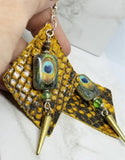 Diamond Shaped Scale Patterned Leather Earrings with Spike and Peacock Bead Overlay