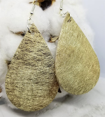 Metallic Brushed Gold Finished Tear Drop Shaped Real Leather Earrings