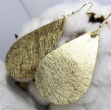 Metallic Brushed Gold Finished Tear Drop Shaped Real Leather Earrings