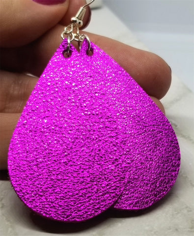 Metallic Fuchsia Tear Drop Shaped Real Leather Earrings