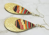Metallic Gold Tear Drop Shaped Real Leather Earrings with Southwestern Themed Charm Overlay