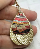 Metallic Gold Tear Drop Shaped Real Leather Earrings with Southwestern Themed Charm Overlay