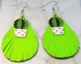 Neon Green REAL Leather Fringed Earrings with a Cactus Charm Overlay