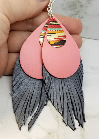 Fringed Real Leather Earrings with Southwestern Colored Metal Overlays