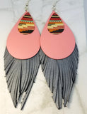 Fringed Real Leather Earrings with Southwestern Colored Metal Overlays
