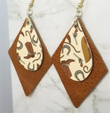 Cowboy Themed Faux Leather on Top of Brown Real Leather Diamond Shaped Earrings