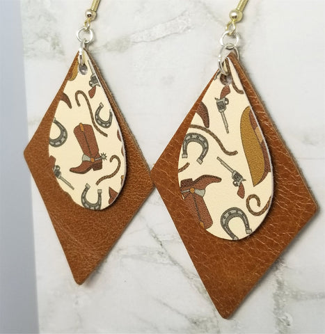 Cowboy Themed Faux Leather on Top of Brown Real Leather Diamond Shaped Earrings